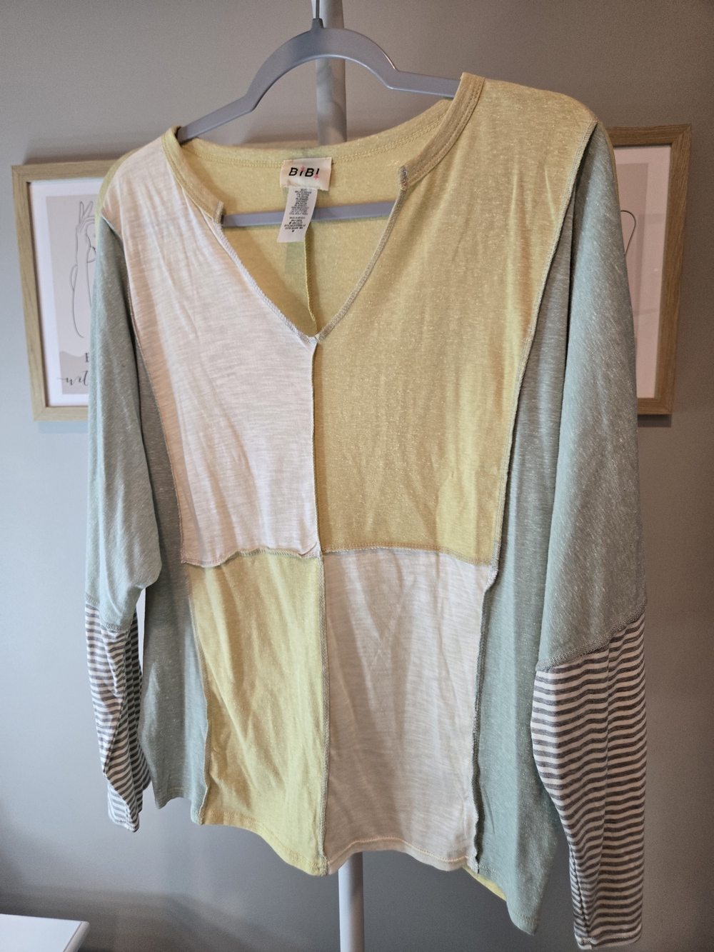 BiBi Colorblock Patchwork Long Sleeve Top in Pale Yellow & Sage